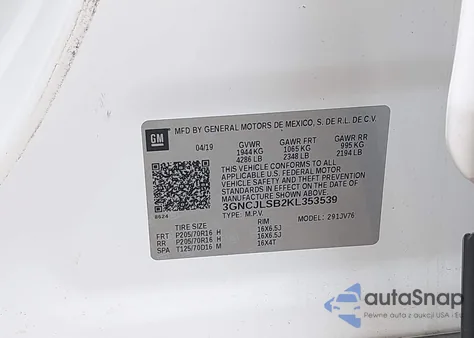 2019 Chevrolet Trax Lt из США, поврежденный, VIN 3GNCJLSB2KL353539